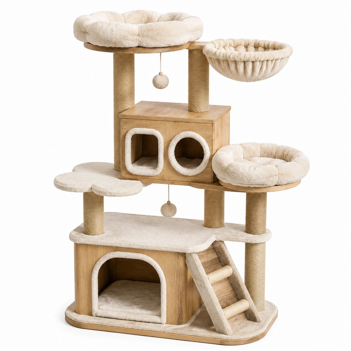 Árbol para gatos de madera y sisal con plataformas y casa 145x90x60 cm crema
