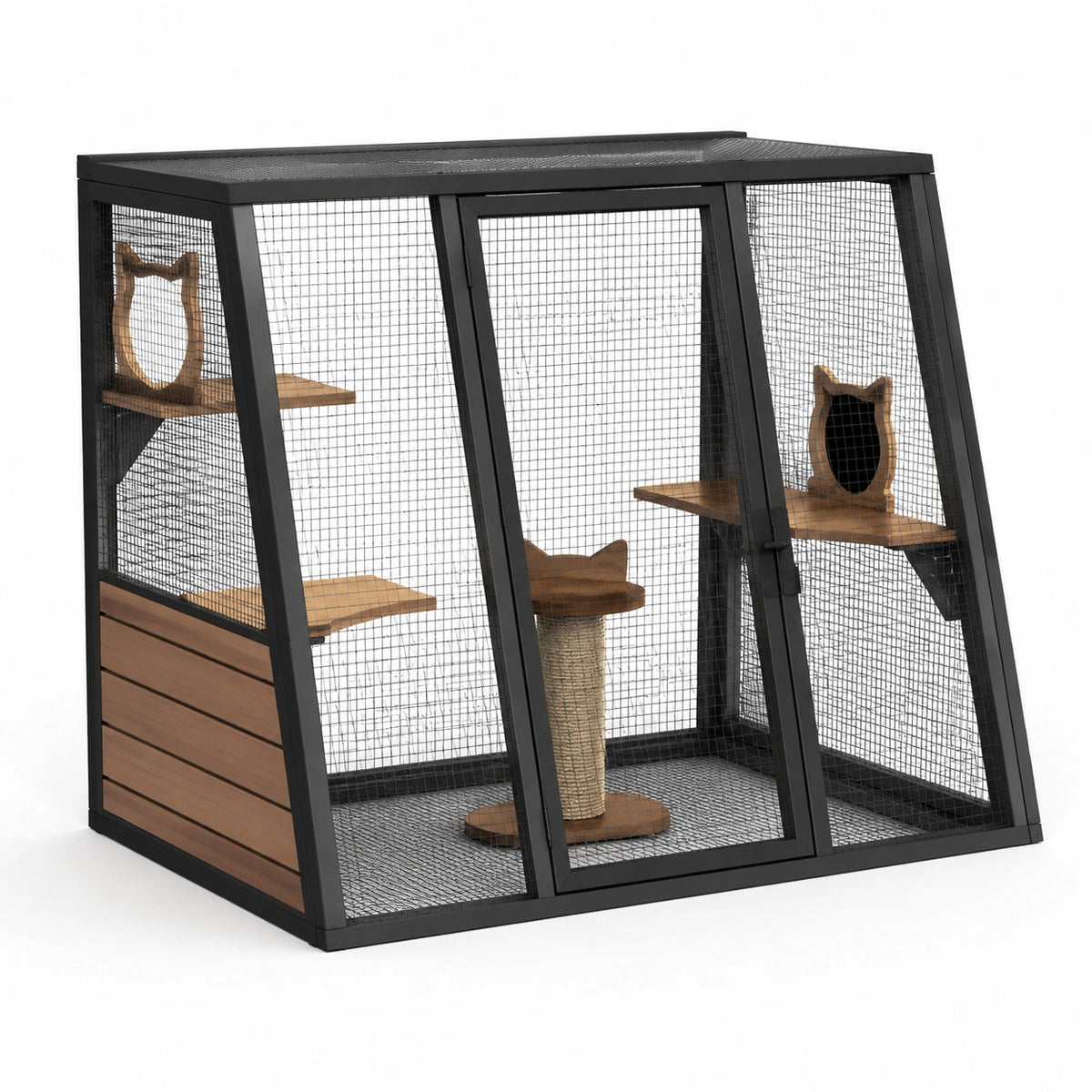 Jaula de metal y madera para gatos con plataformas y rascador de sisal