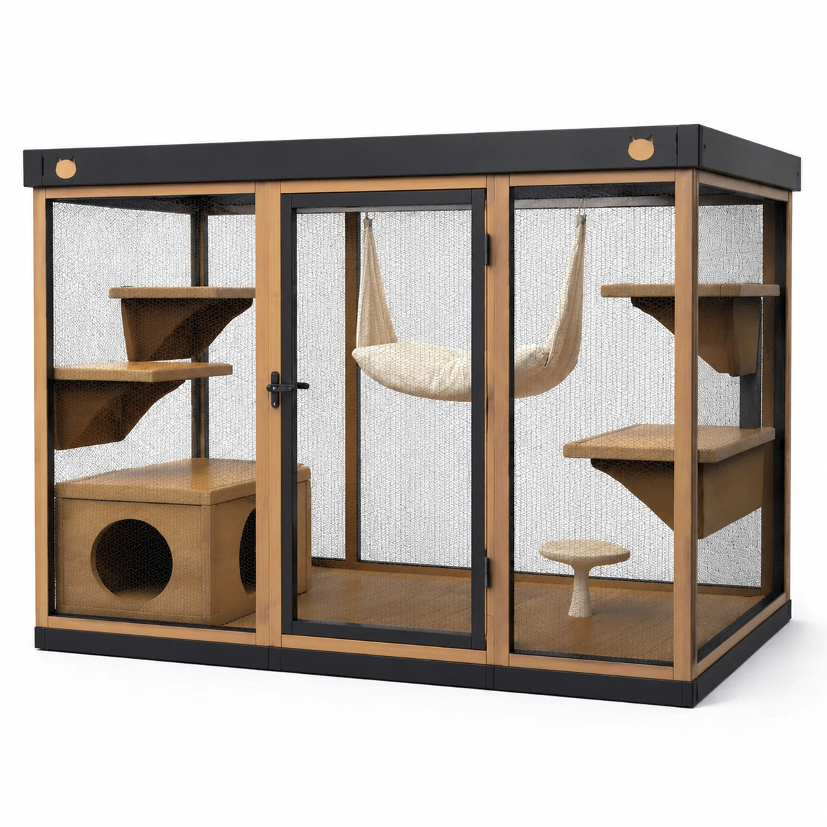 Jaula para gatos de madera de abeto y acero con hamaca y estantes