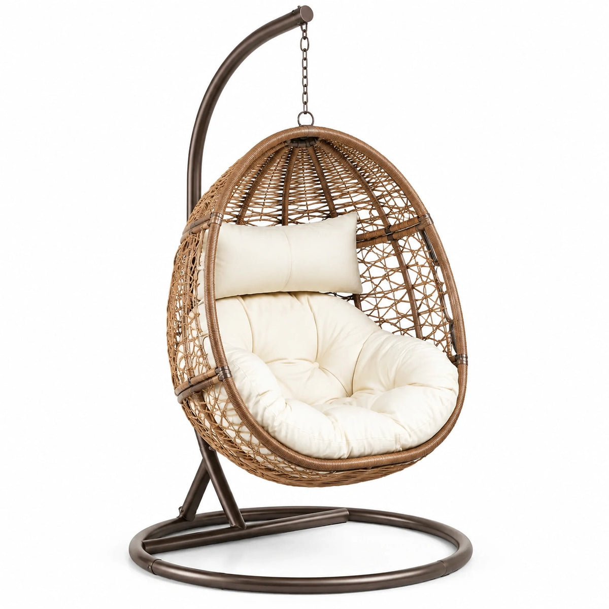 Sillón colgante de ratán sintético con cojín crema y estructura metálica