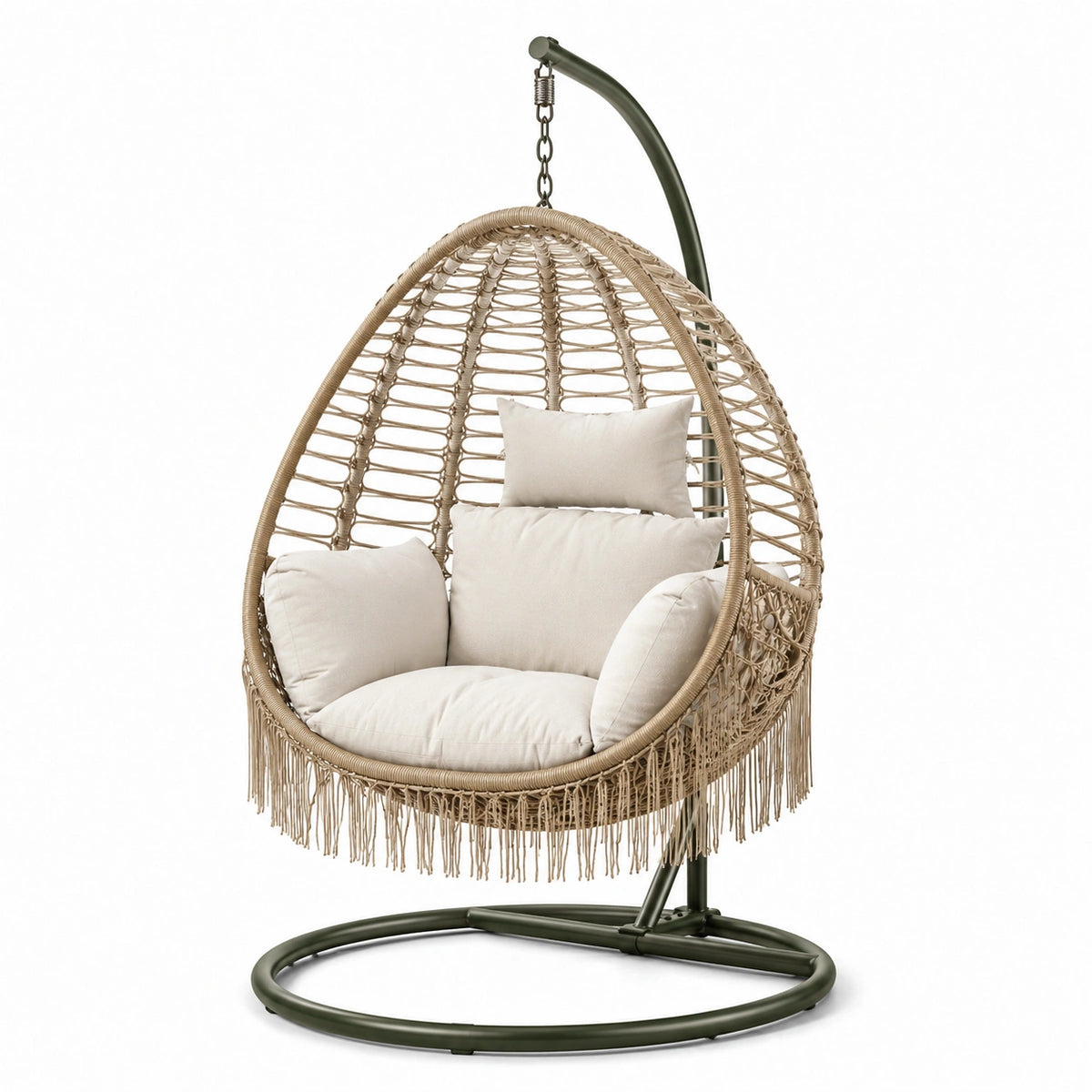 Sillón colgante de ratán trenzado beige con estructura de acero
