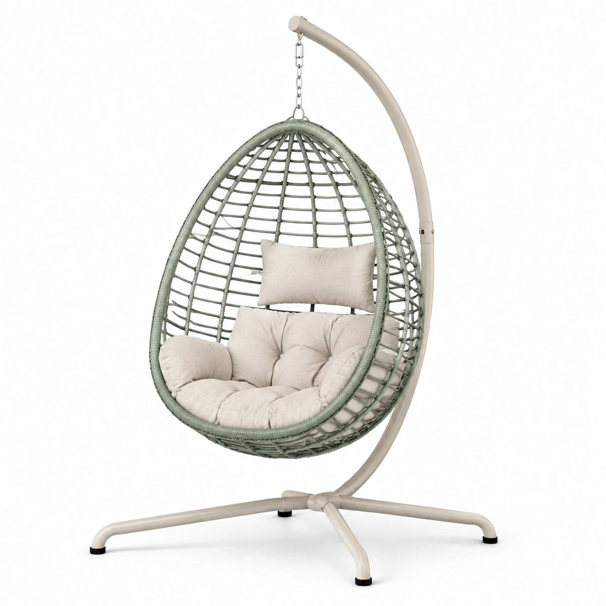 Silla colgante de ratán sintético con cojines gris claro y crema