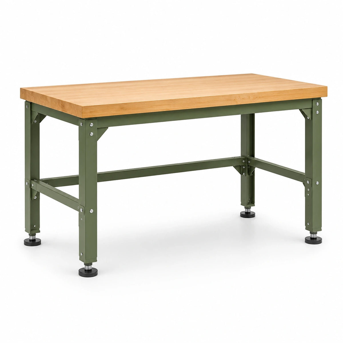 Mesa de trabajo de acero con superficie de madera