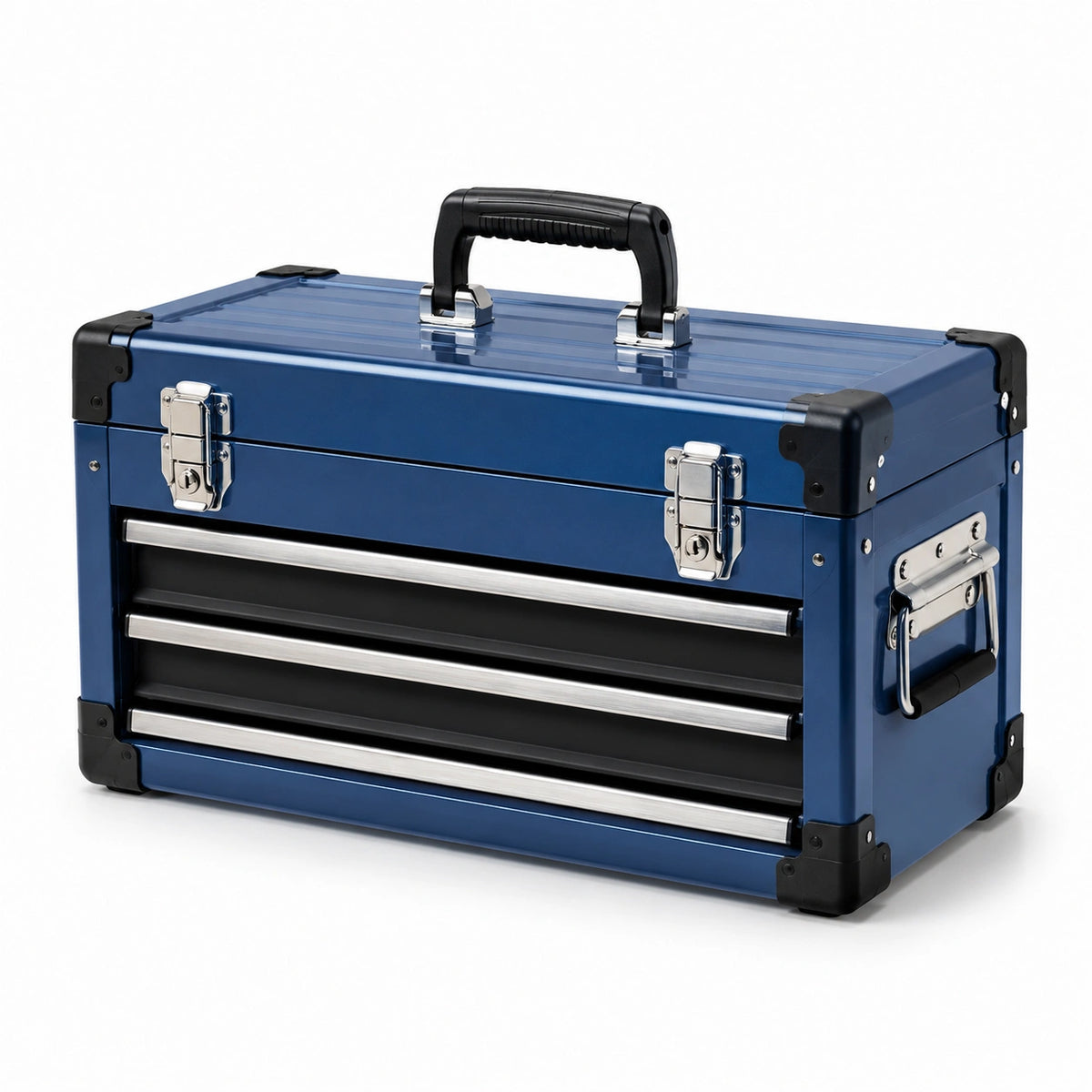 Caja de herramientas de metal con 3 cajones azul y negro