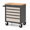 Carro metálico con encimera de madera de roble y 5 cajones gris/beige