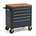 Carro de herramientas con 5 cajones de metal y superficie de madera, azul