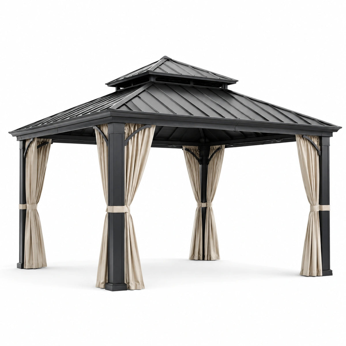Gazebo Metálico de Aluminio con Cortinas de Poliéster Beige