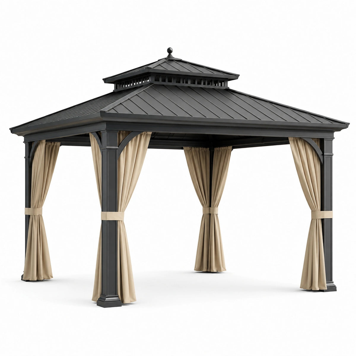 Pérgola de aluminio con techo de acero y cortinas de poliéster 3x3.6m